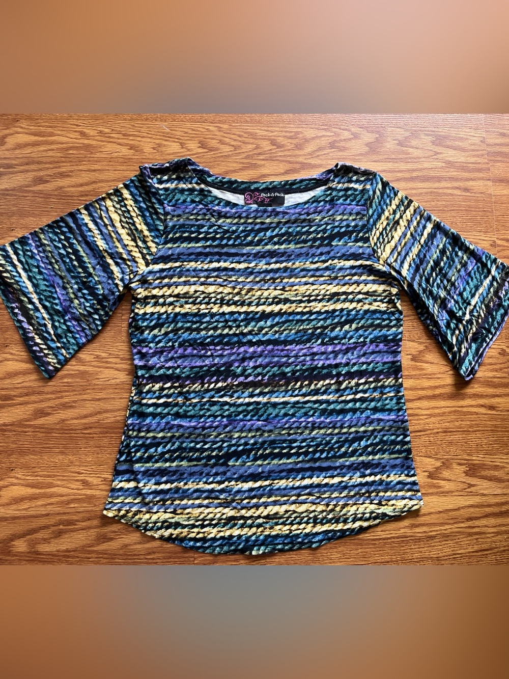 Peck & Peck Striped Multicolor top — Blue, Yellow, Purple half sleeve pullover